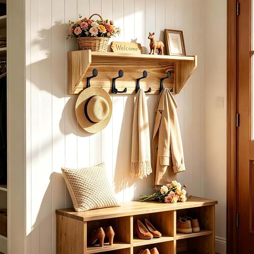 SKOLOO Wall Shelf with Hooks, 24-Inch Coat Rack Wall Mount with Shelf Organizer - Heavy Duty, 4 Tri Hooks - Perfect for Entryway, Hallway, Living Room, Bedroom, Mudroom, Wood Brown & Black - Image 6