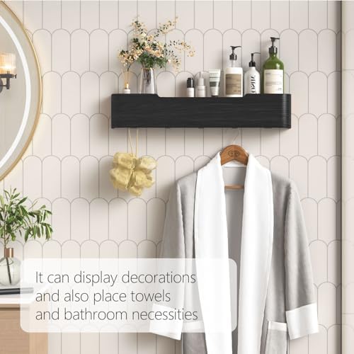 Coat Rack Wall Mount with Shelf 5 Hidden Hooks Modern Wooden Key Holder Entryway Organizer for Hallway Bedroom Bathroom Home Decor Storage for Hanging Coats Hats Bags Towels, Black - Image 6