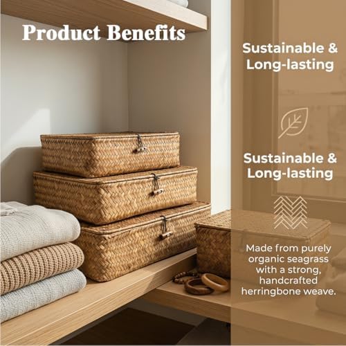 Wicker Basket with Lid,Seagrass Flat Storage Bins, Set of 5 - Image 4