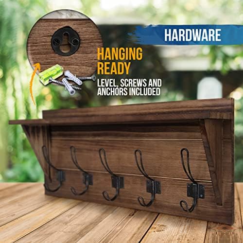 HBCY Creations Rustic Brown Solid Wood Wall Mounted Coat Rack with Shelf, 5 Hooks, 24" Long - Kitchen, Mudroom, Entryway, Bathroom - Includes Mounting Hardware, Coat Hanger, Dog Leash Hooks - Image 3