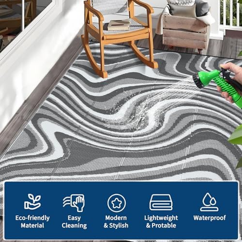 Garvee Waterproof Outdoor Rug 10x14 Abstract Outdoor Camping Rug, Grey - Image 5