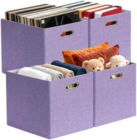 Posprica 3X Thicker Collapsible Storage Bins,13×15x13 Foldable Storage Cube Boxes Fabric Drawer for Closet Shelf Cabinet Bookcase, set of 4 (Purple) by Posprica