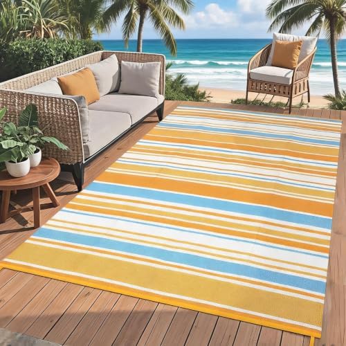 Garvee 8x10 Outdoor Rug Modern Striped Lines Plastic Straw Rug Blue Orange by Garvee