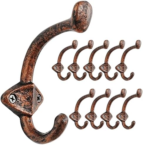 Dseap Cast Iron Wall Hooks L=5”, Heavy Duty Coat Hooks, Rustic Vintage Farmhouse Hook for Hanging Winter Coats Jackets Towels Hats Bags Plants, Antique Copper, Pack of 10 (ShieldBold) by Dseap