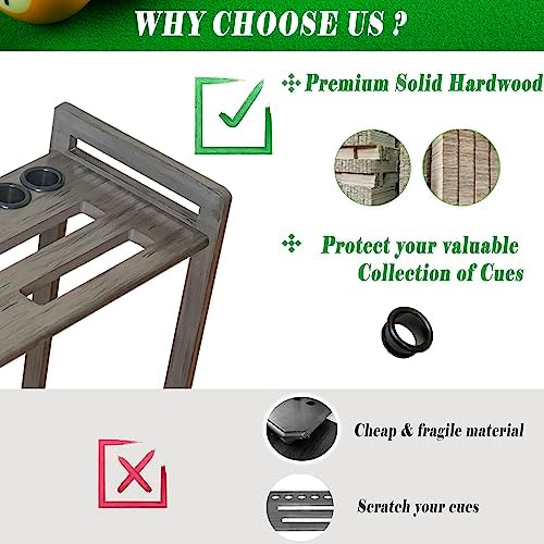 Pool Stick Holder Floor Stand Holds 9 Cues & Pool Table Accessories. Wooden 2-Tier Cue Stick Storage with Ball Rack Hangers, Billiard Cone Chalk Holder or Drink Pads - Image 6