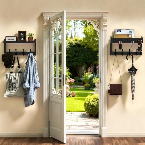 35'' Black Coat Rack Wall Mount with Shelf, Solid Wood Coat and Key Hanger with 13 Metal Hooks, Farmhouse Wall Organizer for Mail, Entryway Wall Hangers for Hats, Clothes, Backpacks - Image 4
