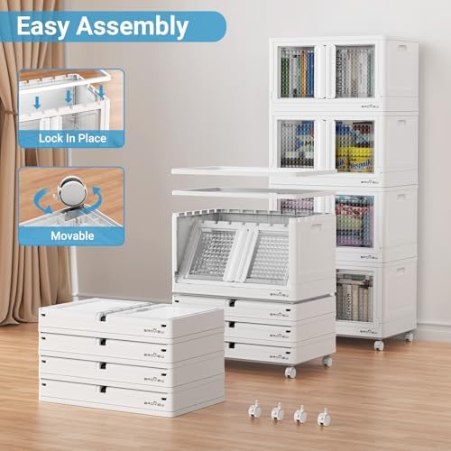 BROVIEW 400 Qt Stackable Storage Bins with Lids & Doors, 4 Pack Plastic Closet Organizer and Storage Drawers with Wheels, Large Collapsible Storage Boxes, Cabinet for Home, Office, V10, White - Image 3