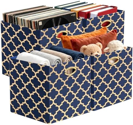 Posprica 13x13x13 Storage Cube Bins, Collapsible Storage Bins Fabric Storage Cubes Organizer Baskets Box Drawers for Shelves, Closet, Wardrobe, Bookshelf Blue/Gold Lantern, 4 Pack by Posprica