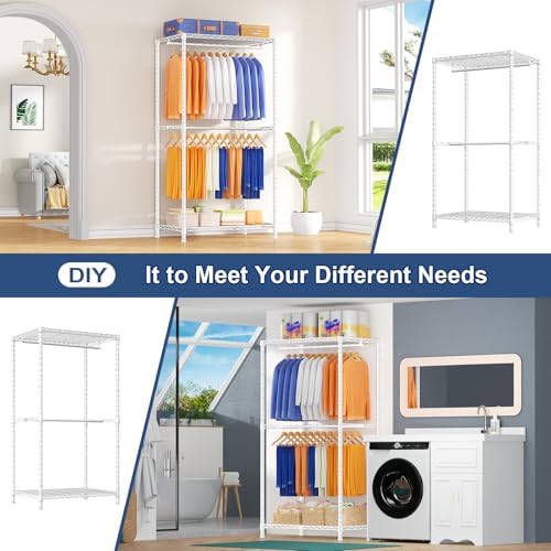 Ulif E12 Pro Clothes Rack，Heavy Duty Freestanding Garment Rack with Shelves，Metal Clothing Closet Storage System for Hanging Clothes，71" W x 16" D x 76.5" H, Hold 960 lbs，White - Image 5