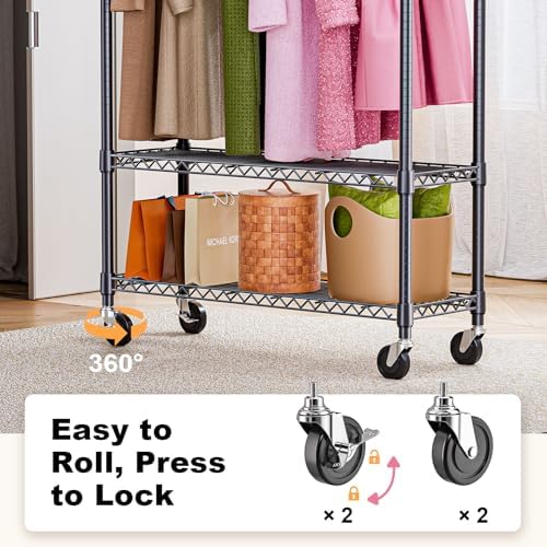 M MZG Heavy Duty Rolling Garment Rack 3 Tiers Adjustable Wire Shelving Clothes Rack with 1 Rods and Side Hooks,Storage Closet Clothing Rack with Wheels Black 15.7" D x 45.3" W x 75.6" H - Image 3