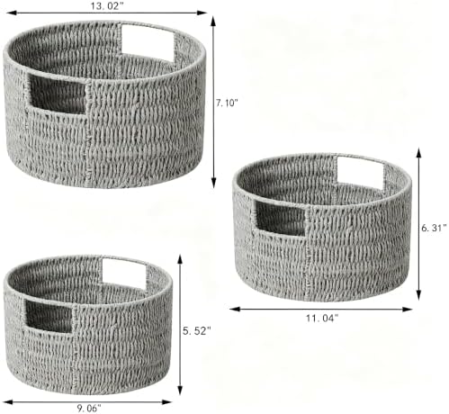 Vagusicc Wicker Storage Basket, Hand-Woven Paper Rope Large Round Woven Basket With Handles, Wicker Baskets for Organizing/Storage, Grey, 3-Pack - Image 2