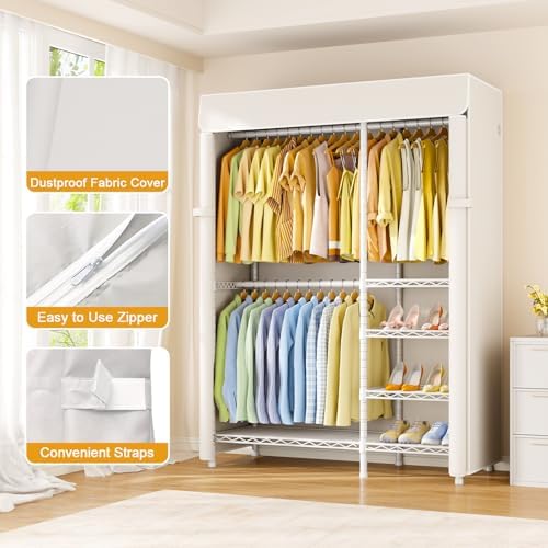 ULIFHOME F2C Clothes Rack with Cover, White Closet with Beige Cover - Image 4
