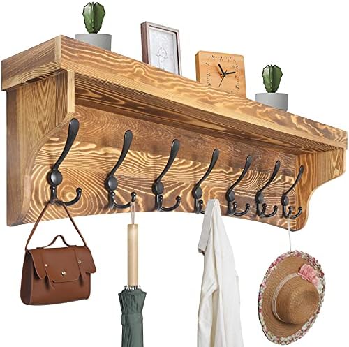 WEBI Wall Shelf with Hooks Underneath,35" Long Wall Mounted Coat Rack with Shelf,Entryway Shelves,7 Triple Hooks,Rustic Brown by WEBI