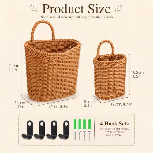 4 Pcs Hanging Wicker Wall Baskets with Hooks Woven Storage Baskets - Image 3