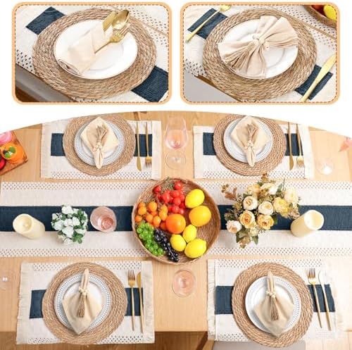 4 Sets Boho Placemat Table Runner Napkin Rings, Blue, 12x72 - Image 5