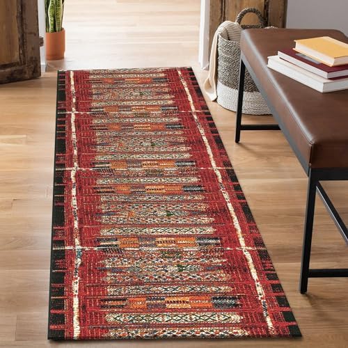 Liora Manne Marina Low Profile Durable Indoor/Outdoor Woven Rug- Tribal Stripe Red 1'11" x 7'6" by LushDecor
