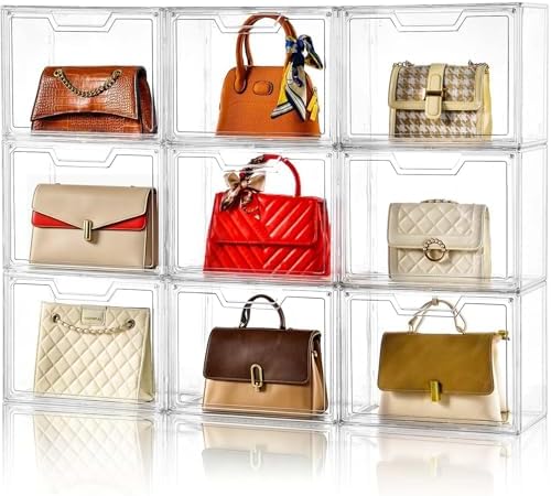 Purse Organizer for Closet,Clear Acrylic Display Case for Handbag Organizer, Purse Storage Box with Magnetic Door, Plastic Storage Bins for Book, Collectibles, Cosmetic (9 Pack) by Stebopum