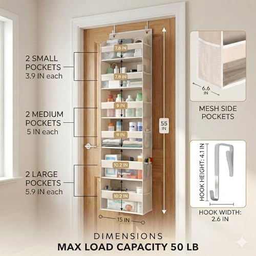 HOMELUX THEORY Over the Door Organizer, 6-Tier, 100D Fabric, Ivory 2pc - Image 2