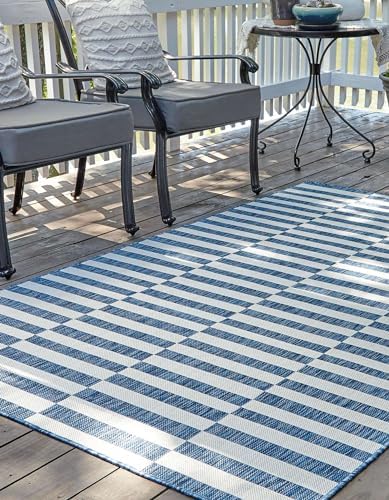 Unique Loom Outdoor Striped Collection Area Rug - Striped (7' 10" x 10' Rectangle Blue/Ivory) - Image 3
