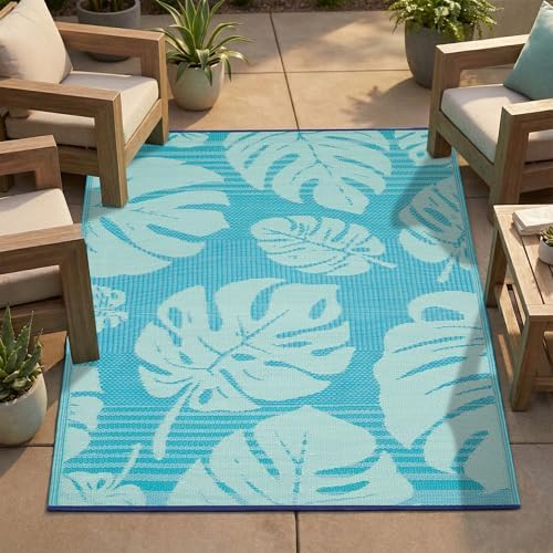 FH Home Outdoor Rug - Waterproof, Fade Resistant, Reversible - Premium Recycled Plastic - Tropical, Botanical - Patio, Deck, Porch, Balcony - Hana Leaves - Blue Crease Free - 5 x 8 ft by FHHome