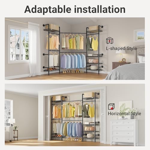 Timate F3 Medium Wall Mounted Clothes rack Expandable Closet, Industrial Pipe Clothing Rack for Hanging Clothes, Heavy Duty Clothes Rack with Shelves, Garment Rack Wall Closet System Black Pipe Closet - Image 2