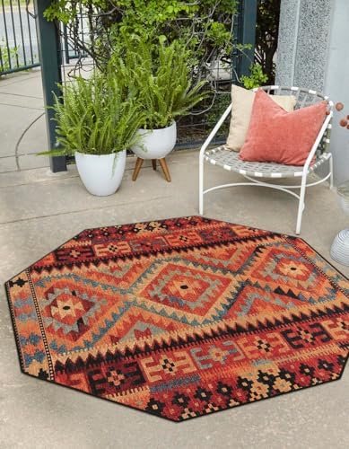 Unique Loom Outdoor Tribal Collection Area Rug - Tortuguero (7' 1" Octagon Multi/Blue) by UniqueLoom