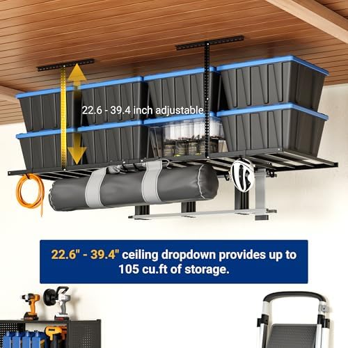 FLEXIMOUNTS 4x8 Overhead Garage Storage Rack with 6 Hooks, 2 Pack, Black - Image 5