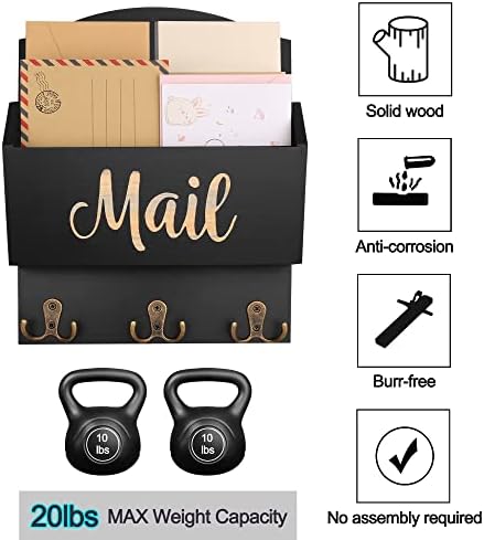 Mail Organizer Wall Mount, Wooden Mail Sorter Wall Mounted with 3 Double Hooks, Mail Letter Holder and Key Holder for Home Entryway Hallway Office Room Wall Decorative - Image 4