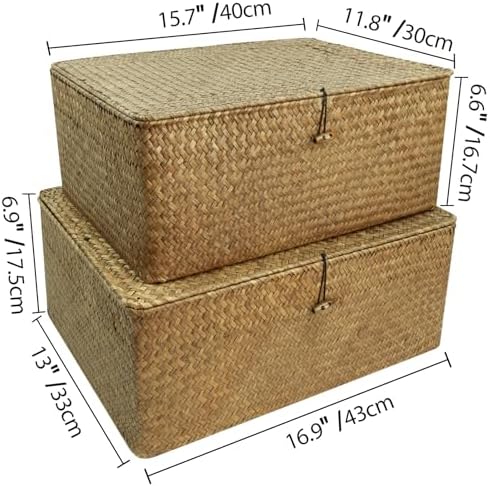 Shelf Storage Baskets with Lid, 2-Pack Wicker Storage Basket, Woven Seagrass Decorative Boxes, Coffee XXLarge+XXL - Image 2