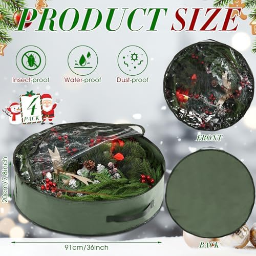 4 Pack Wreath Storage Container, 36 Inch Christmas Wreath Storage Box with Clear Window and Handles Upgrade Oxford Cloth Garland Bags with Dual Zipper for Xmas Wrapping, Green - Image 3