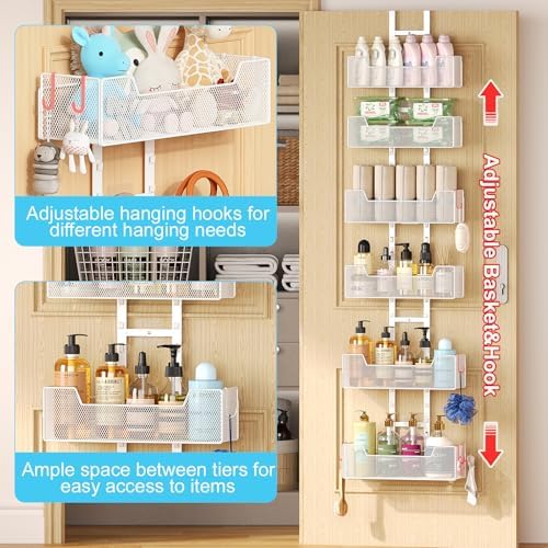 Hongtamoya Over The Door Organizer, Metal Hanging Door Organizer with 6 Adjustable Baskets and 5 Hooks, Behind The Door Storage for Closet Cabinet Kitchen Bathroom Bedroom Pantry Door Organizer, White - Image 4