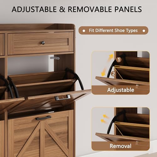 Shoe Cabinet with 4 Flip Drawers & 2 Top Drawers, 43" Tall Freestanding Narrow Wooden Shoe Storage Organizer for Entryway, Hidden Slim Shoe Rack for Front Door Entrance, Hallway, Living Room, Walnut - Image 3