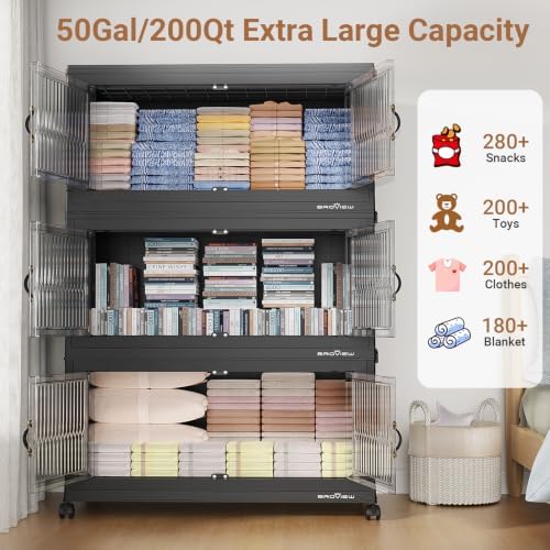 BROVIEW 600Qt Stackable Storage Bins with Lid for Home Dorm, 3Pack Black - Image 4