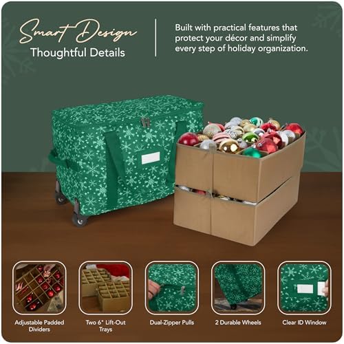 Covermates Keepsakes Rolling Adjustable Ornament Storage Bag – Heavy-Duty Polyester, FlexGrid Trays & Padded Dividers – Protective Holiday Organizer with Wheels, Handles & ID Window, Green Snowflake - Image 4