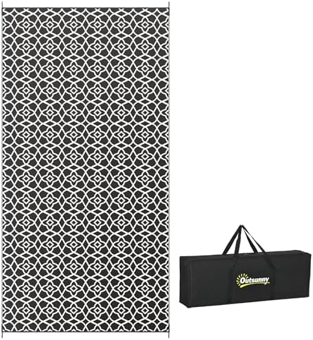Outsunny Outdoor Rug for Patio Waterproof, 9' x 18', Black & White Clover by Outsunny
