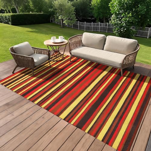 Garvee 9x18 Outdoor Rug Geometric Striped Plastic Straw Carpet Red Tone by Garvee