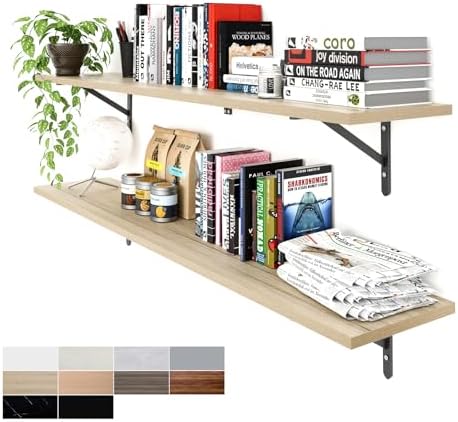 Kaboon 55 inch Long 10 inch Deep Floating Shelves for Wall Set of 2, Large Open Shelves Wall Mounted, Space Saving Home and Commercial Use, Oak/Grey Tone by Kaboon