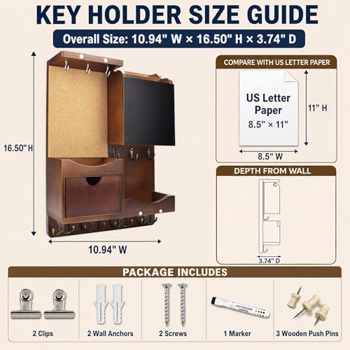 Key Holder Wall Mount with Drawer and Mail Organizer, Vintage Brown - Image 2