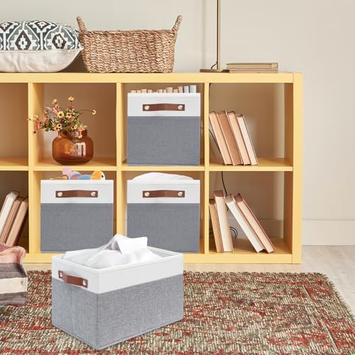 6 Pack Fabric Storage Baskets with Handles (White with Grey,15" L*10.2" W*9" H) - Image 7