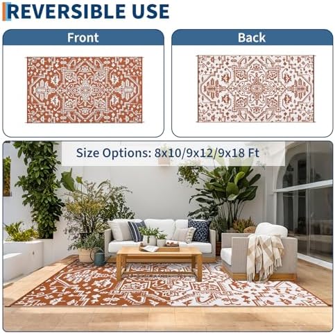 Outdoor Plastic Straw Rug 9x18 Large Vintage Medallion Waterproof Rug for Patio Outside Floor Mat Lightweight Reversible Outdoor Rugs for RV Beach Camping Backyard Deck Picnic, Orange - Image 2