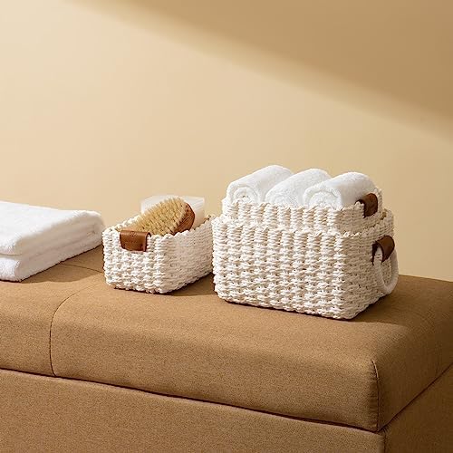 La Jolíe Muse Woven Storage Baskets, Recycled Paper Rope Bin Organizer Divider for Cupboards Drawer Closet Shelf Dresser, Set of 3 (White) - Image 4