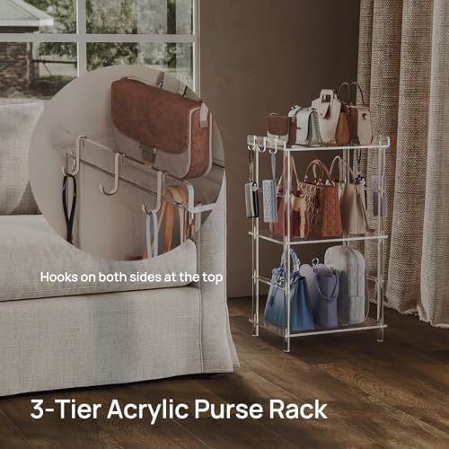 HMYHUM Acrylic 3-Tier Purse Organizer, Floor-Standing Handbag Rack with 6 Side Hooks, Clear Large-Capacity Handbag Holder for Closet - Image 4