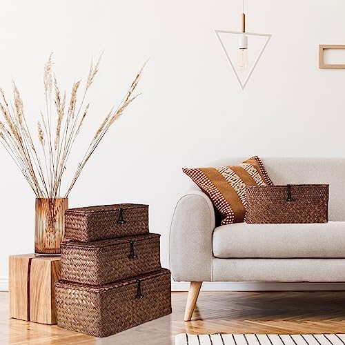 Woanger Set of 4 Wicker Baskets with Lids, Coffee - Image 4