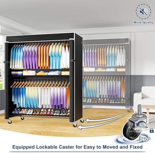 ULIFHOME P8C Max Heavy Duty Clothes Rack（With Extended Width Design） Rolling Clothing Racks for Hanging Clothes with Lockable Wheels，51.2"W x 15.8"D x 80.5"H，Load 800LBS，Black Rack with Black Cover - Image 5