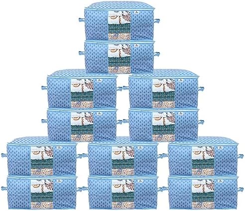 Kuber Industries Foldable Underbed Storage Bag|Organizer For Clothes Large|Non-Woven Comforter, Blanket Cover|Metalic Print & Side Handle|Pack of 12 (Sky Blue) by Kuber+Industries