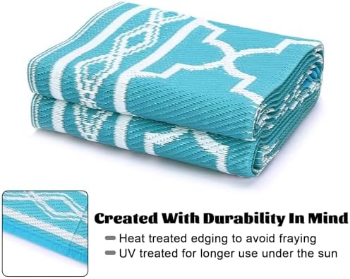 GlowSol Reversible Outdoor Rug 9x12 ft Clearance, Waterproof Outdoor Plastic Straw Rug with Carry Bag, Modern Geometric Patio Rug,RV Mat for Porch,Deck,Backyard,Camping,Balcony,Deck,Backyard,Blue - Image 5