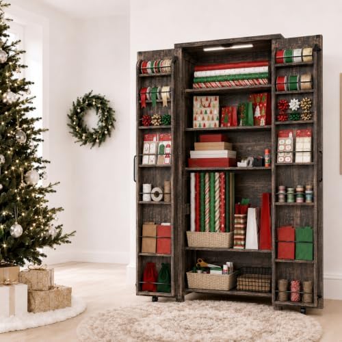 FIMELLO 71" H Gift Wrap Storage Cabinet, Craft Storage Cabinet, Rustic Oak by FimelloHome