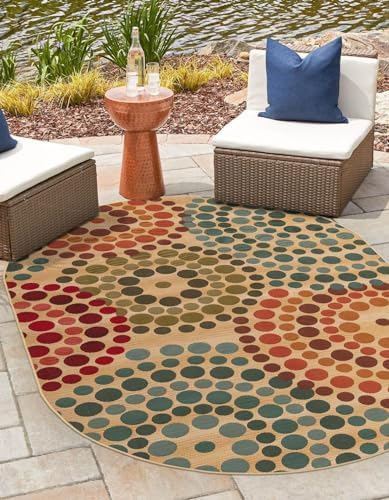Unique Loom Outdoor Modern Collection Area Rug - Spark (7' 10" x 10' Oval Beige/Burgundy) by UniqueLoom