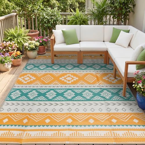 famibay Outdoor Rug Reversible Portable Plastic Straw Camping Rugs, Large Waterproof Outdoor Area Rugs for Patio, RV, Backyard, Deck, Balcony, Picnic, Beach 8x10 Yellow by Famibay