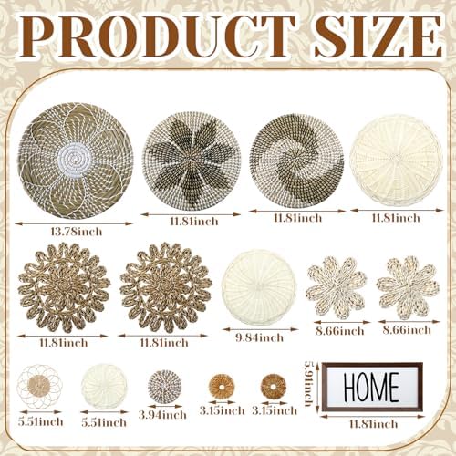 Xuhal 15 Pcs Boho Wall Basket Decor Handcrafted Seagrass Woven Wall Basket Rustic Round Woven Hanging Art for Home Farmhouse Kitchen Table Living Room(Elegant Style) - Image 3